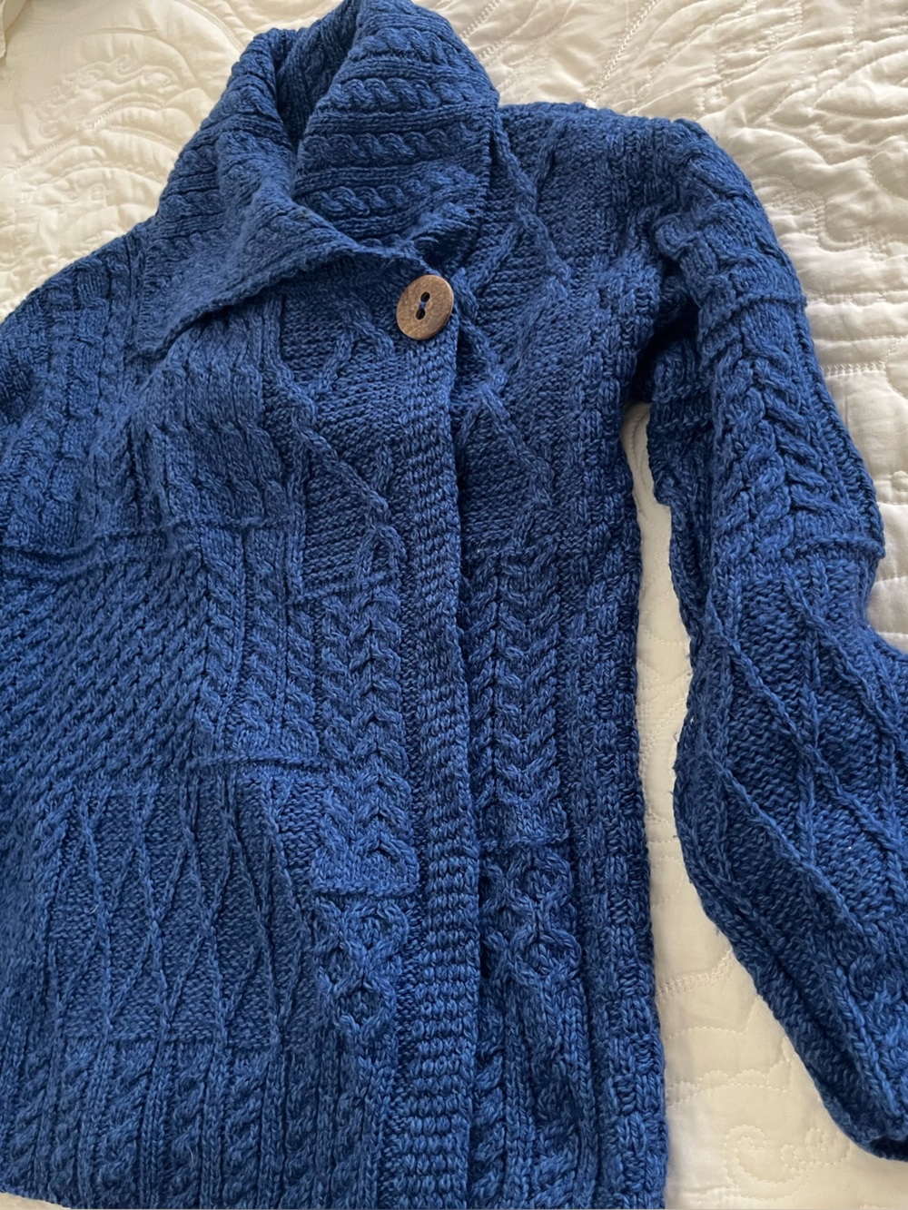 Carraigdonn Cozy Blue Cable-Knit Shawl Collar Cardigan 100% Merino wool M - Picture 2 of 8